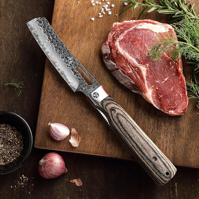 SENBON 440A Forged Stainless Steel Sharp Folding Chef Knife Peeling Utility Knife Fruit Knife Colorful Wood Handle Camping Barbecue Outdoor Pocket Portable Kitchen Knife