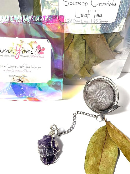 Soursop Gravoila Leaf Tea PLUS Tea Infuser w/Gemstone Charm Combo | 304 Stainless Steel | 2 Inch Tea Ball | 25 Tea Servings (Soursop Leaf Tea - 50 Leaves | 25 Servings)