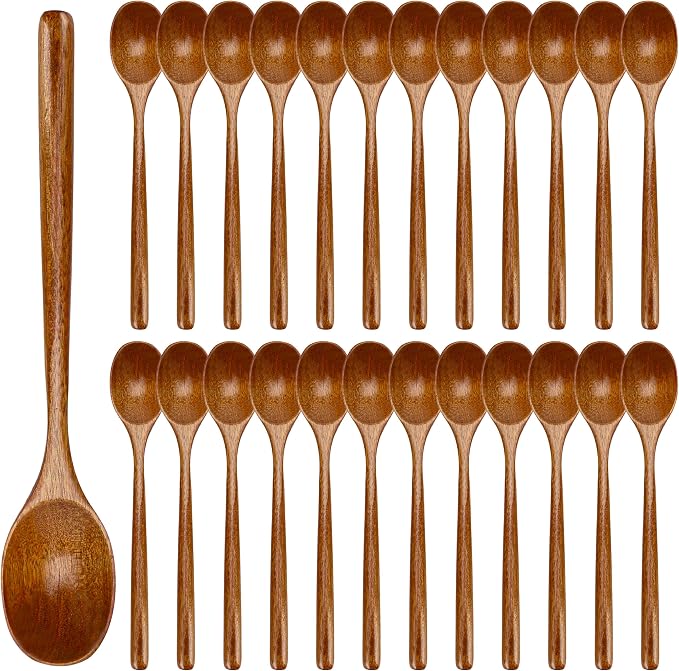 Wooden Spoons for Eating Mixing Stirring, 24 Pieces Long Handle Wooden Spoon, 9 Inch Wood Soup Spoons with Japanese Style Kitchen Utensil