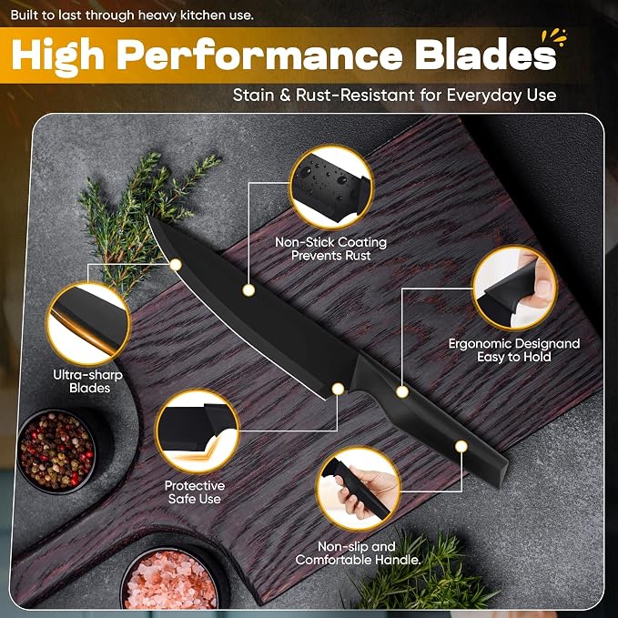 15-Piece Kitchen Knife Set with Finger Guard – Ultra-Sharp Professional Knives, Ergonomic Anti-Slip Handles, 6 Steak Knives, Dishwasher Safe, Modern Black Design – Precision & Safety in One Combo