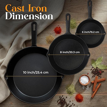 Utopia Kitchen Premium Cast iron Skillets 3 Piece Set, Chef's Pan, Pre Seasoned Frying Pan, 6, 8 & 10 Inches, PFAS-Free, Stovetop, Campfire & Grill Large Skillet, Even Heat Distribution Cast Iron Pan