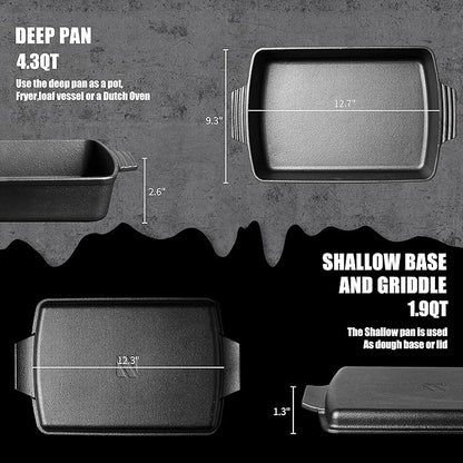 Northriver Casting 2-In-1 Pre Seasoned Cast Iron Dutch Oven With Skillet Lid,Casserole Dish,Rectangular Baking Pan,Griddle Pot Set, 6QT, 9"x13"