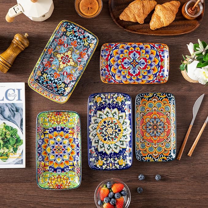 vancasso Simi 6-Piece Rectangular Ceramic Plates Set, 8.5" x 5.1" Small Dessert & Sushi Plates, Bohemian Appetizer Serving Plates, Microwave & Oven Safe Porcelain Plates