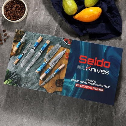 Seido Knives 7-Piece Executive Damascus Steel Knife Set with Japanese VG-10 Super Steel Core - Home Kitchen Knife Set - Professional Design Handle Blue Resin Epoxy and Strong Stabilized Wood