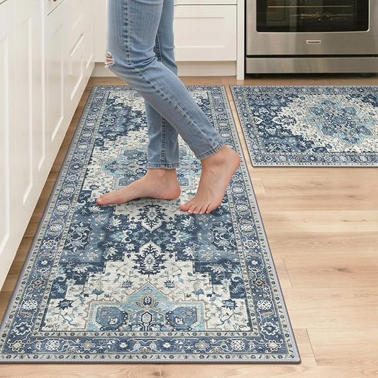 GENIMO Kitchen Rugs Non Slip Washable, 2PCS Kitchen Mats for Floor, Cushioned Standing Mat, Kitchen Runner Rug Floor Mat for Hallway, Laundry, Sink, Entryway, Home, 20"x32"+20"x48", Navy Blue