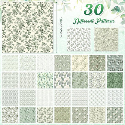 Tatuo 30 Pieces 10 x 10 Inches Sage Green Floral Quilting Fabric Bundle Cotton Squares Patchwork Vintage Greenery Floral Fabric Sewing Bundles Retro Eucalyptus Cloth for DIY Scrapbook Craft Making