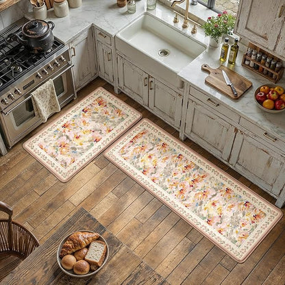 Anti Fatigue Kitchen Mats 2PCS Thick Non Slip Cushioned Rugs Beige Abstract Floral Waterproof Comfort Standing Mats for Floor Sink Laundry Office 17.3"×47"+17.3"×30"