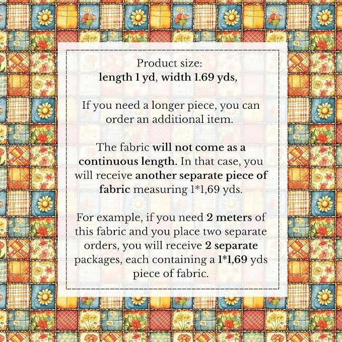 Sunny Garden Patchwork Cotton Fabric Panel 61 x 36.6 Inches, Floral Rustic Quilt Print, Multicolor Yellow Blue Red Tones, 100% Cotton 140 GSM