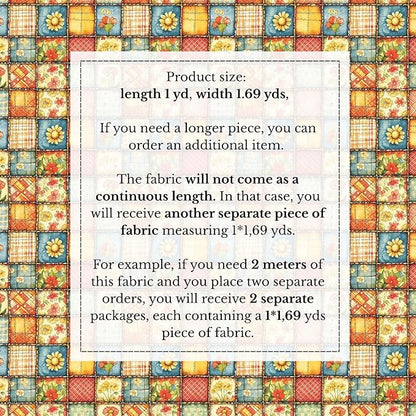Sunny Garden Patchwork Cotton Fabric Panel 61 x 36.6 Inches, Floral Rustic Quilt Print, Multicolor Yellow Blue Red Tones, 100% Cotton 140 GSM