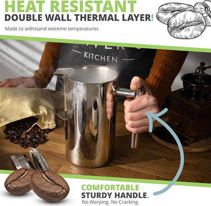 Oliver's Kitchen ® Premium French Press Cafetiere Coffee Maker - Thermal Insulated Double Wall - Stainless Steel 1 Liter