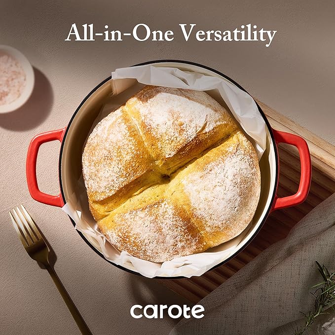 CAROTE Enameled Cast Iron Dutch Oven Pot with Lid, 4 QT Dutch Ovens, Heavy-Duty Cast Iron Pot for Sourdough Bread Baking, Braising, Stews, Roasting, Healthy & Non-Toxic, Dual Handles, All Stovetop Compatible, Oven Safe up to 500° F, Red