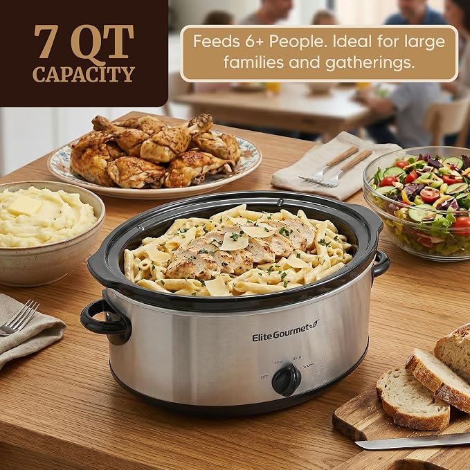 Elite Gourmet MST710 7 Quart Slow Cooker Pot, Removable Stoneware Insert, Tempered Glass Lid, Low/High/Keep Warm Settings, Dishwasher Safe, Cool-Touch Handles, One-Dial Control, Stainless Steel