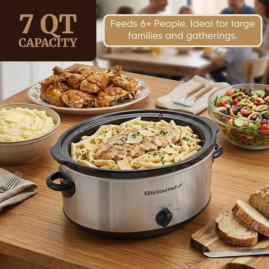 Elite Gourmet MST710 7 Quart Slow Cooker Pot, Removable Stoneware Insert, Tempered Glass Lid, Low/High/Keep Warm Settings, Dishwasher Safe, Cool-Touch Handles, One-Dial Control, Stainless Steel