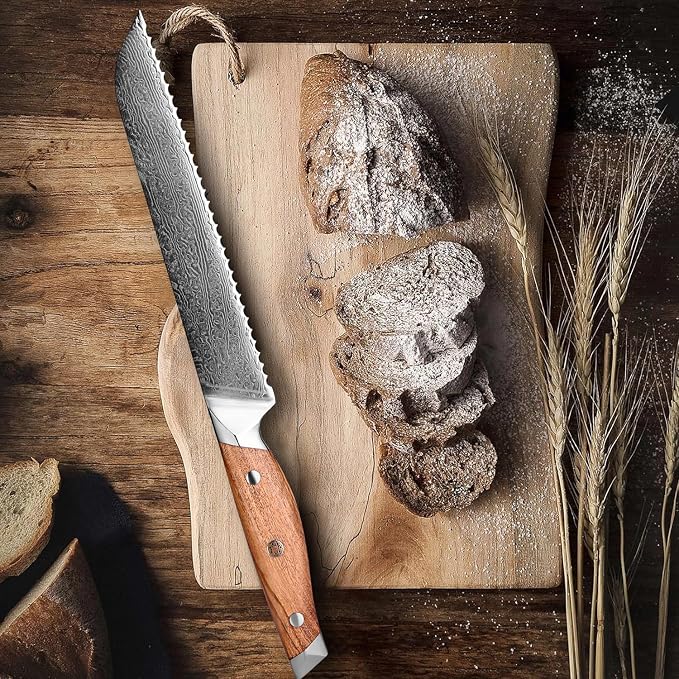 XITUO 8-Inch Serrated Bread Knife – Damascus Steel Blade with Olive Wood Handle, Ultra Sharp Kitchen Slicer for Soft Bread, Pastries & Tomatoes, Ideal Gift for Chef Dad
