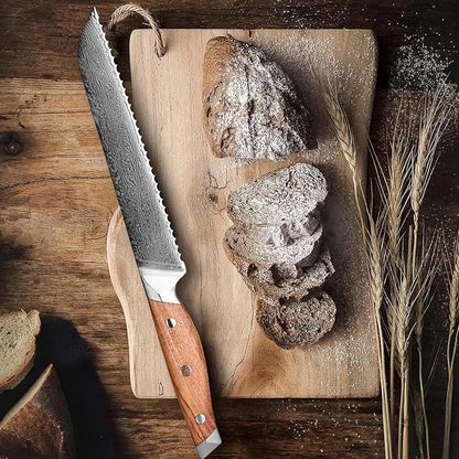 XITUO 8-Inch Serrated Bread Knife – Damascus Steel Blade with Olive Wood Handle, Ultra Sharp Kitchen Slicer for Soft Bread, Pastries & Tomatoes, Ideal Gift for Chef Dad