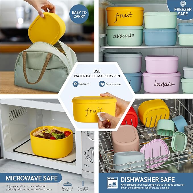 ISSEVE 6Pcs/Set Nesting Silicone Food Storage Containers with Lids, BPA Free Reusable Meal Prep Silicone Containers Lunch Box Bento Box Set (33.8oz, 20oz, 10oz, 6.7oz, 1.3oz) (Yellow)