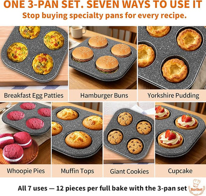 3-Pack 4-Cup Muffin Pan, Nonstick Granite Coating Carbon Steel Cupcake Pan Set, Standard Muffin Tin for Air Fryer Small Oven Baking, Easy Release, Nests Flat for Storage