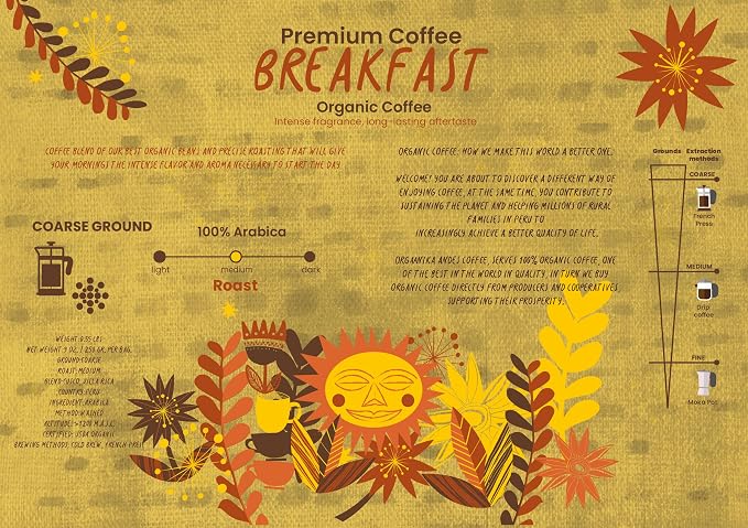 New Orgaanika Andes Breakfast 12oz | Gourmet Coffee Blend | Coarse Ground | Medium Roast | Specialty Organic | Best for French Press & Cold Brew Coffee, well balanced, bulletproof flavor, aroma and body. (bag 12oz.) | Loyalty Reward Inside the Bag (see...
