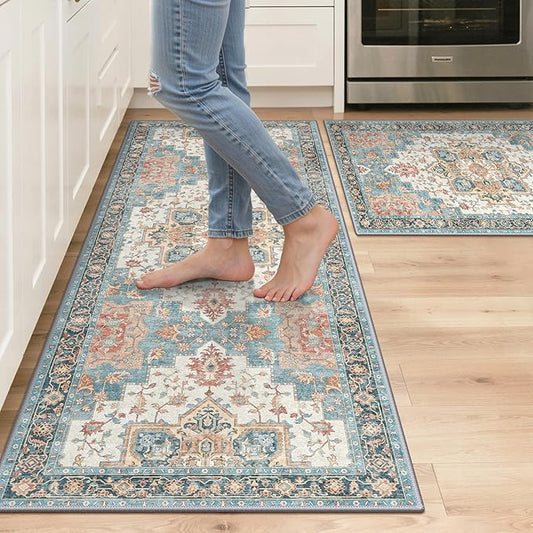 GENIMO Kitchen Rugs Non Slip Washable, 2PCS Kitchen Mats for Floor, Cushioned Standing Mat, Kitchen Runner Rug Floor Mat for Kitchen Decor, Laundry, Sink, Entryway, Home, 20"x32"+20"x48", Blue&Salmon