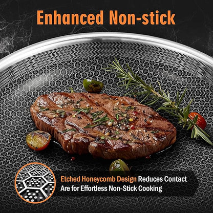 AOSION Nonstick Frying Pans Set,Hybrid Skillets Set with Lid(8+10+9+12inch), Hybrid Stainless Steel Frying Pans Set of 3 for Cooking,PFAS/PFOA Free Cookware Sets,Induction Compatible.