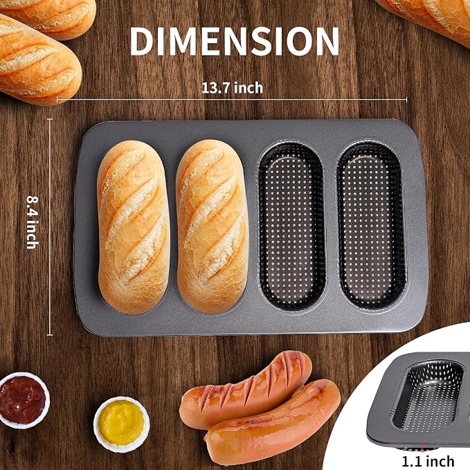 Yomvzake Hot Dot Bun Pan Set of 2, Perforated Carbon Steel Non-Stick Hotdog Bun Mold Bread Forms Crispy Mini Baguette Sandwich Baking Tray for Hot Dog Bun Rolls