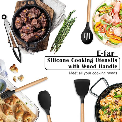 E-far Black Kitchen Utensils Set with Holder, 25-Piece Silicone Cooking Utensil Set with Wooden Handle for Nonstick Cookware, 446°F Heat Resistant Kitchen Tool Spatula Tongs Whisk, Non-toxic & Healthy