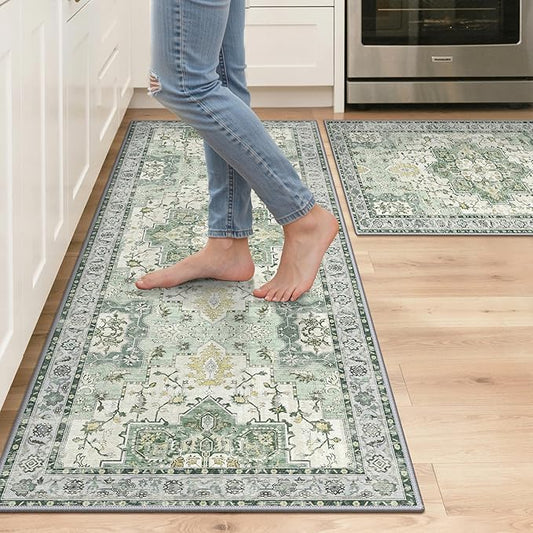 GENIMO Kitchen Rugs Non Slip Washable, 2PCS Kitchen Mats for Floor, Cushioned Standing Mat, Kitchen Runner Rug Floor Mat for Kitchen Decor, Laundry, Sink, Entryway, Home, 20"x32"+20"x48", Light Green