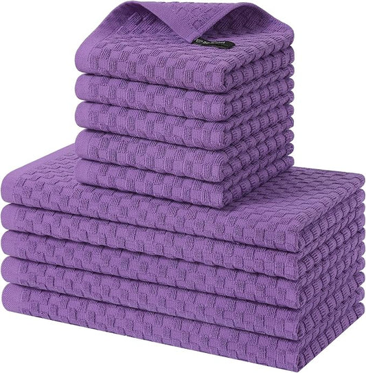 Homaxy 100% Cotton Kitchen Towels and Dishcloths Set, 12 x 12 & 15 x 25 Inches, Set of 10 Bulk Terry Cloth Dish Towels, Super Soft and Absorbent Hand Towel with Hanging Loop, Purple
