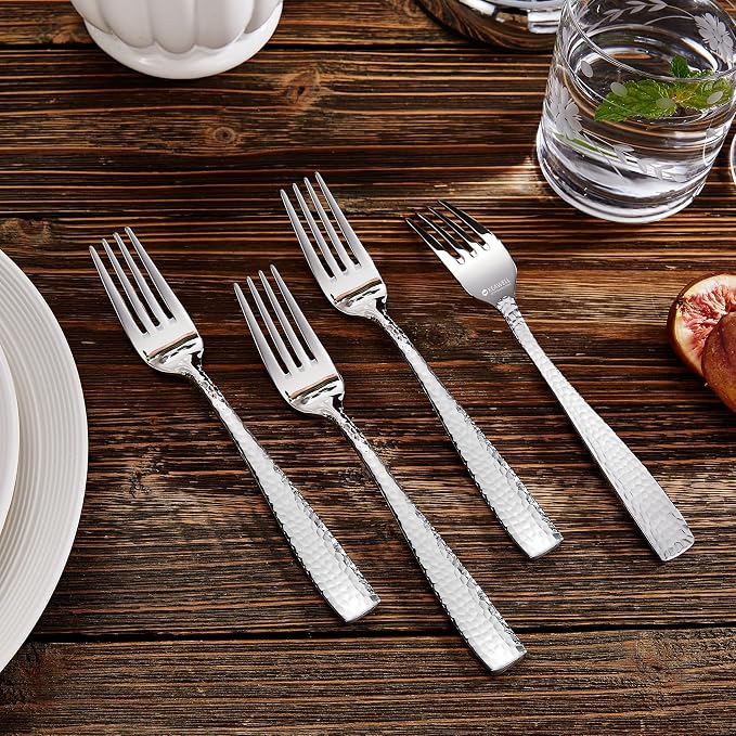 KEAWELL Premium 4-Piece 7.6" Louis Hammered Salad Fork Set, 18/10 Stainless Steel, Squared Edge with Smooth Rounded Edges for Comfort, Dishwasher Safe (4, 7.6" Salad Fork)