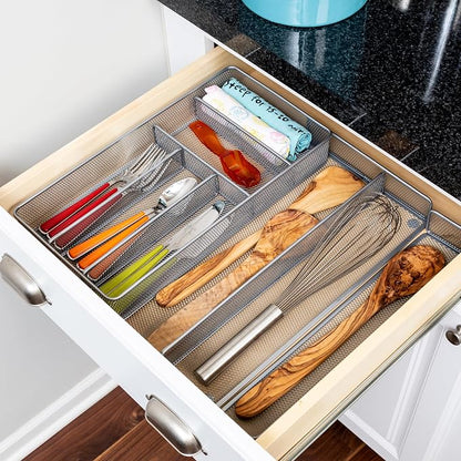 Honey-Can-Do Expandable Steel Mesh Drawer Organizer, 7 Compartments, Silver, Adjustable 11.5 to 20 Inches Wide