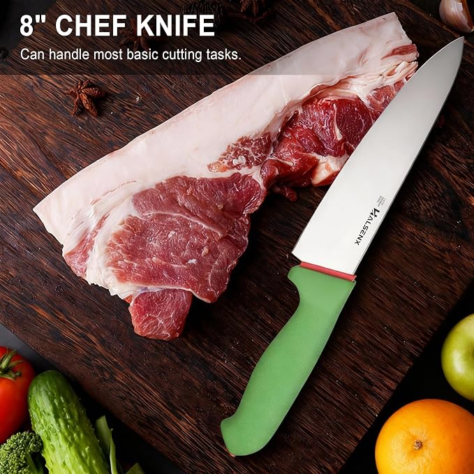 Chef Knife 8 Inch, High Carbon Stainless Steel Sharp Blade with Non-Slip Softgrip, Multi-Purpose Kitchen Knife for Meat, Fruit & Vegetables Cutting (Green)