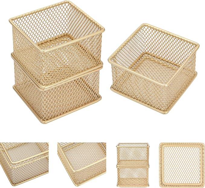 Annova Stackable Mesh Drawer Cabinet and Shelf Organizer Bins Storage Basket School Office Supply Holder Tray- Set of 2 (Gold, 3x3x2 Inch)