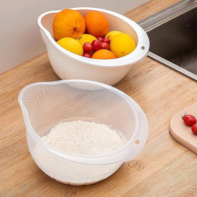 Japanese Rice Strainer Quinoa Washing Bowl Small Grains Washer Cleaner Plastic Side Drainers Colander for Rinsing Fruits, Vegetables and Beans, BPA-Free (Clear)