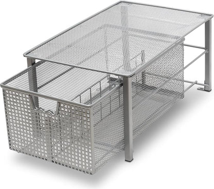 Deco Brothers Stackable Pull Out Cabinet Sliding Basket with Dividers, Large, Silver