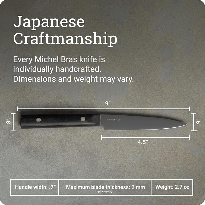 Michel BRAS Quotidien No. 2 Kitchen Knife, 12 cm Handcrafted Kitchen Knife, Japanese AUS8A Stainless Steel Blade, Black Pakkawood Handle, Precision and Sharpness for Professional and Home Chefs