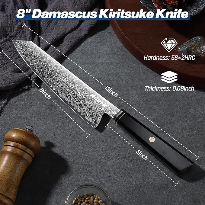 Huusk Damascus Kiritsuke Knife 8 inch - Japanese Knives with Wooden Handle, Hand Forged Chef Knives for Home Use, Razor Sharp Cooking Knife, Birthday Christmas Gifts for Men Women