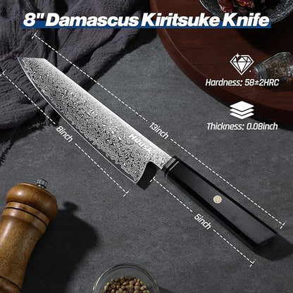 Huusk Damascus Kiritsuke Knife 8 inch - Japanese Knives with Wooden Handle, Hand Forged Chef Knives for Home Use, Razor Sharp Cooking Knife, Birthday Christmas Gifts for Men Women