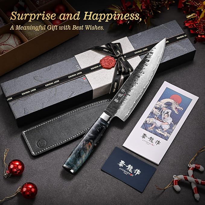 Japanese Chef Knife 8", Hand Forged 67-Layer Damascus VG10 Core Kitchen Knife for Home & Professional Chefs, Razor Sharp Chef's Knives with Leather Sheath, Premium Father Day Gift for Dad Husband
