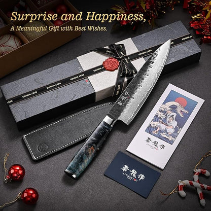 Japanese Chef Knife 8", Hand Forged 67-Layer Damascus VG10 Core Kitchen Knife for Home & Professional Chefs, Razor Sharp Chef's Knives with Leather Sheath, Premium Father Day Gift for Dad Husband
