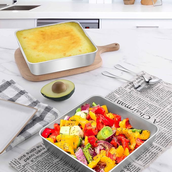 Herogo 8"x 8" Square Cake Pan, Stainless Steel Square Baking Pan, Cakes Brownie Lasagna Bakeware Set of 2, Healthy & Dishwasher Safe