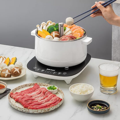 Aroma Housewares 2.5-Liter Smart Electric Hot Pot & Rapid Boil Steamer with Automatic Stainless Steel Steamer Basket Lift, White, ASP-700