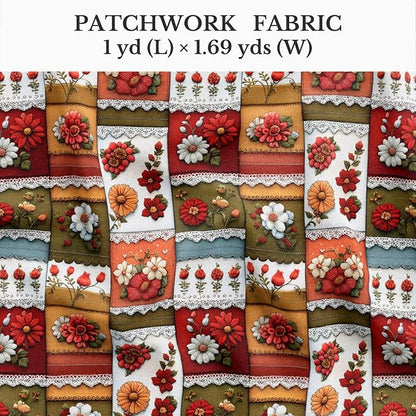 Patchwork Floral Cotton Fabric Panel 61 x 36.6 Inches, Vintage Quilt Style Printed Cotton Sewing Fabric, 140 GSM, Made in Turkey
