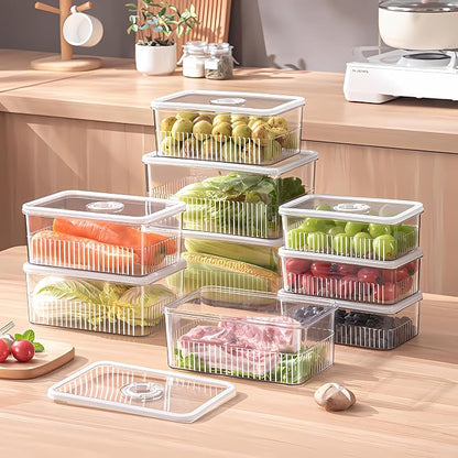 Fridge Food Fruit Storage Container Bin with lid, Refrigerator food vegetable Organizer Fresh Keeper Container with timer lid Fruit Vegetables storage bin For fridge (0.9L+1.8L+3.4L)