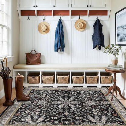 4x5 Kitchen Rug Washable Non-Slip – Soft Low Pile Indoor Carpet for Entryway Bathroom Living Room Bedroom – Boho Floral Small Throw Area Rug (Black,4x5)