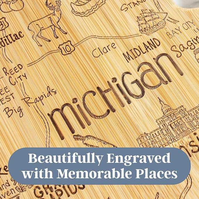 Totally Bamboo Destination Michigan Mitten Shaped Cutting Board, Bamboo Charcuterie and Cheese Serving Board for Kitchen with Hang Tie for Wall Display, 11.75 x 13.25 Inches