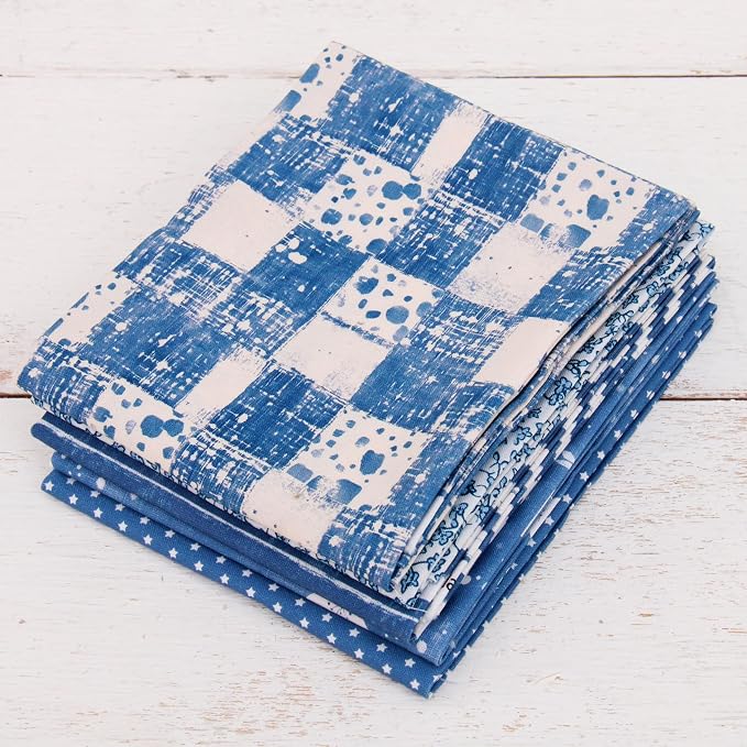 Threadart Exclusive 5 Fat Quarter Bundles - Denim Blue Vintage Prints 100% Cotton Fabric - Premium 100% Cotton Quilting Fabric - No Duplicates - Full Size Fat Quarters 18"x21" - Denim Blue
