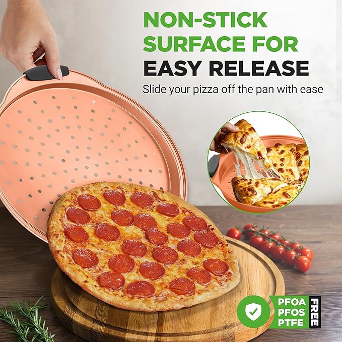 NutriChef 13-Inch Nonstick Pizza Tray - Round Carbon Steel Non-Stick Pizza Baking Pan with Perforated Holes, Premium Bakeware Pizza Screen with Silicone Grip Handles, Dishwasher Safe - Copper