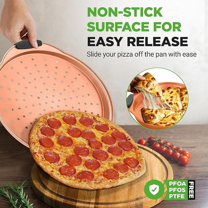 NutriChef 13-Inch Nonstick Pizza Tray - Round Carbon Steel Non-Stick Pizza Baking Pan with Perforated Holes, Premium Bakeware Pizza Screen with Silicone Grip Handles, Dishwasher Safe - Copper