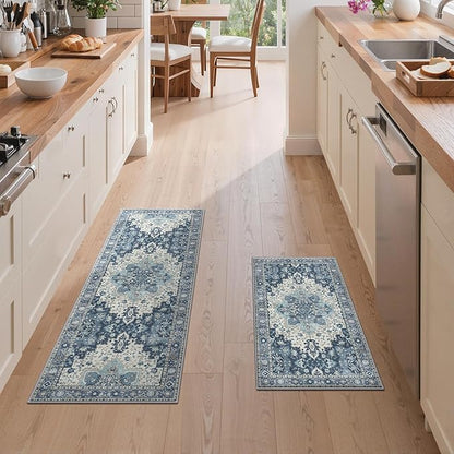 GENIMO Kitchen Rugs Non Slip Washable, 2PCS Kitchen Mats for Floor, Cushioned Standing Mat, Kitchen Runner Rug Floor Mat for Hallway, Laundry, Sink, Entryway, Home, 20"x32"+20"x48", Navy Blue