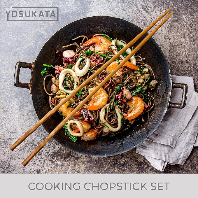 YOSUKATA Reusable Natural Wooden Long Cooking Chopsticks Set of 3 pairs: 11.8 inch, 13-inch, 14.2 inch Brown Long Wok Wooden Chopsticks Reusable | 11.8 inch, 13-inch, 14.2 inch Brown Long Wok Wooden Chopsticks Reusable